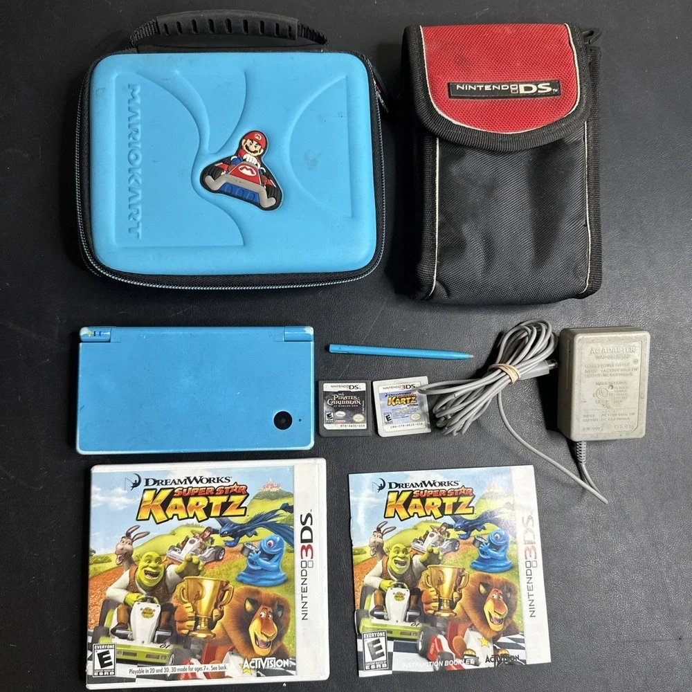 Nintendo DSi Console TWL-001 Aqua Blue - 2 Games - Shrek Kartz , Stylus, Charger